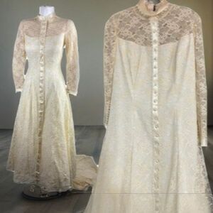 William Cahill 60’s-70’s Vintage Boho High Neck Buttons Train Lace Prairie Weddi